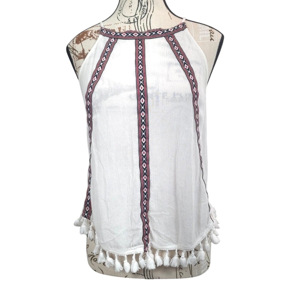 H&M Top Size Medium 8 Halter Boho Tassel Fringe Festival Summer White